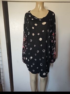 Black Distressed Tunic with Floral Sleeve Accents
